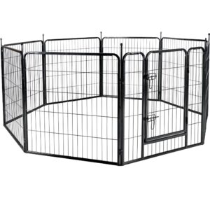 Puppyren zwart Zecta met 8 panelen van 80 cm hoog, metalen frame, deur met schuifsloten en beschermende voetjes