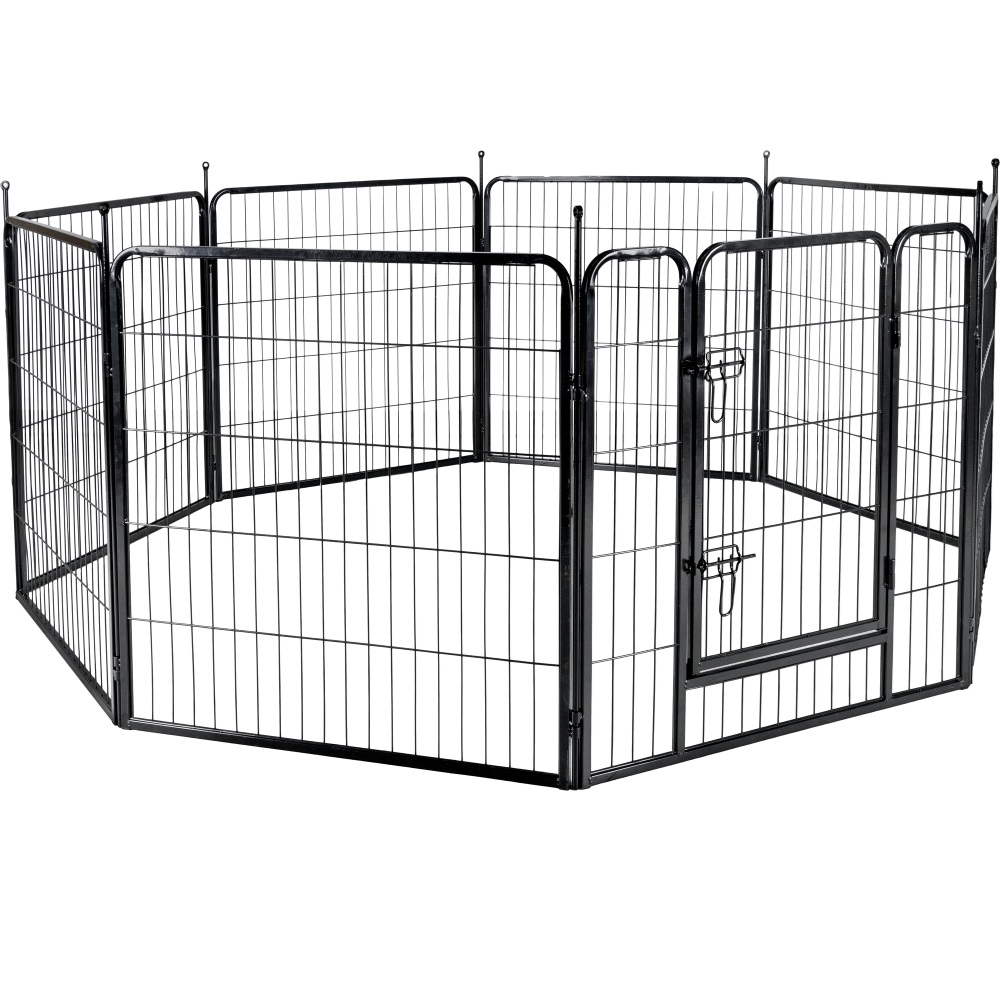 Puppyren zwart Zecta met 8 panelen van 80 cm hoog, metalen frame, deur met schuifsloten en beschermende voetjes