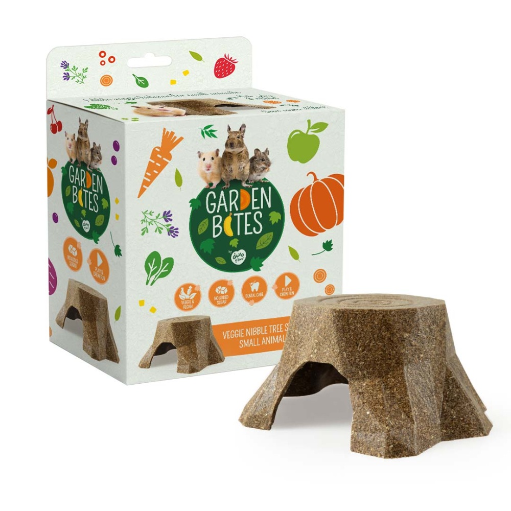 Garden Bites Nibble boomstronk 14,5x13x6,5cm vegetarische knaagdiersnack met timotheegras groenten en fruit voor knaagdieren