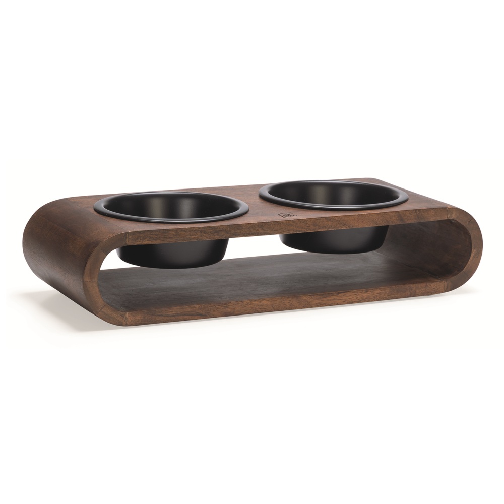 Houten dinerset Melira zwart 47cm van Designed by Lotte met acaciahouten standaard en twee matzwarte RVS voerbakjes
