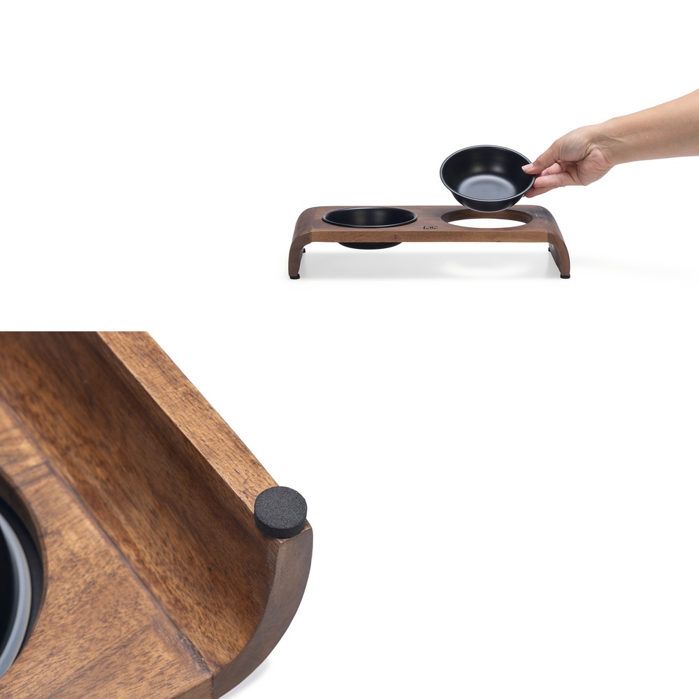 Houten dinerset Melora zwart 36cm van Designed by Lotte met acaciahouten standaard en twee matzwarte RVS bakjes voor katten