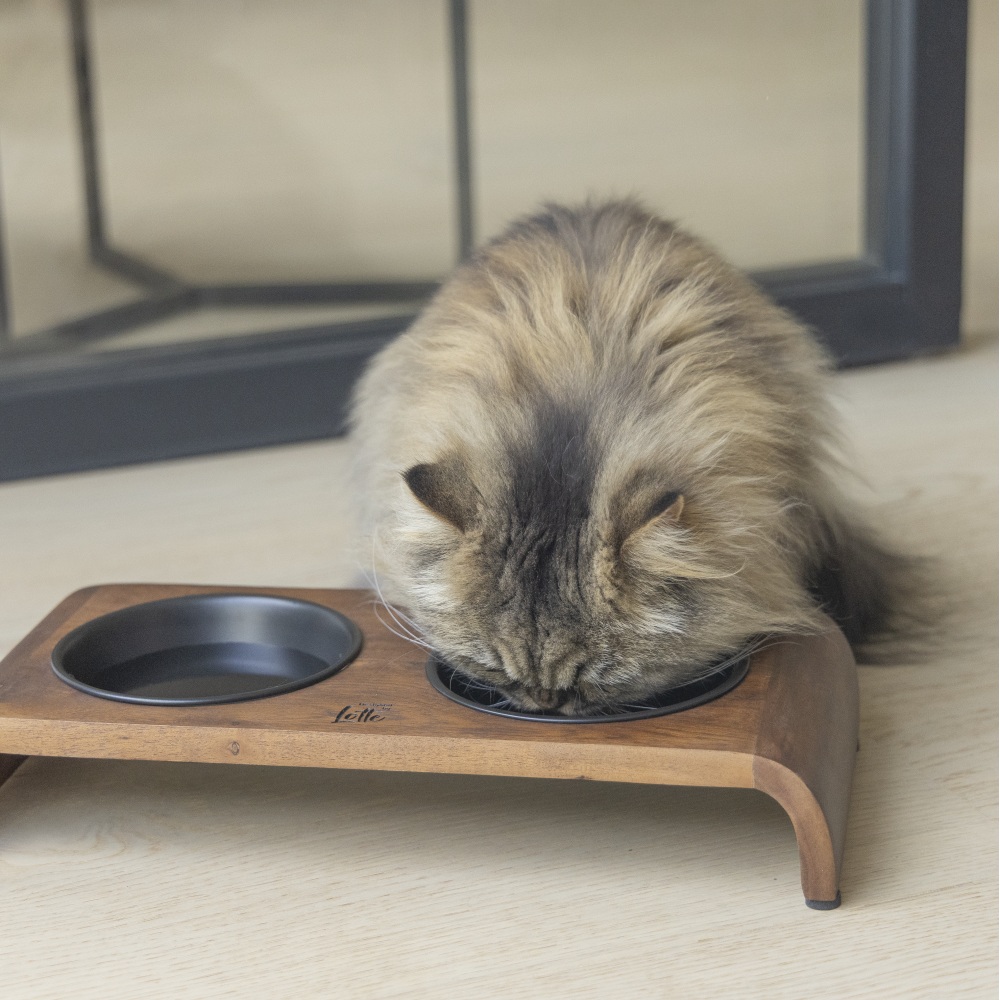 Houten dinerset Melora zwart 36cm van Designed by Lotte met acaciahouten standaard en twee matzwarte RVS bakjes voor katten