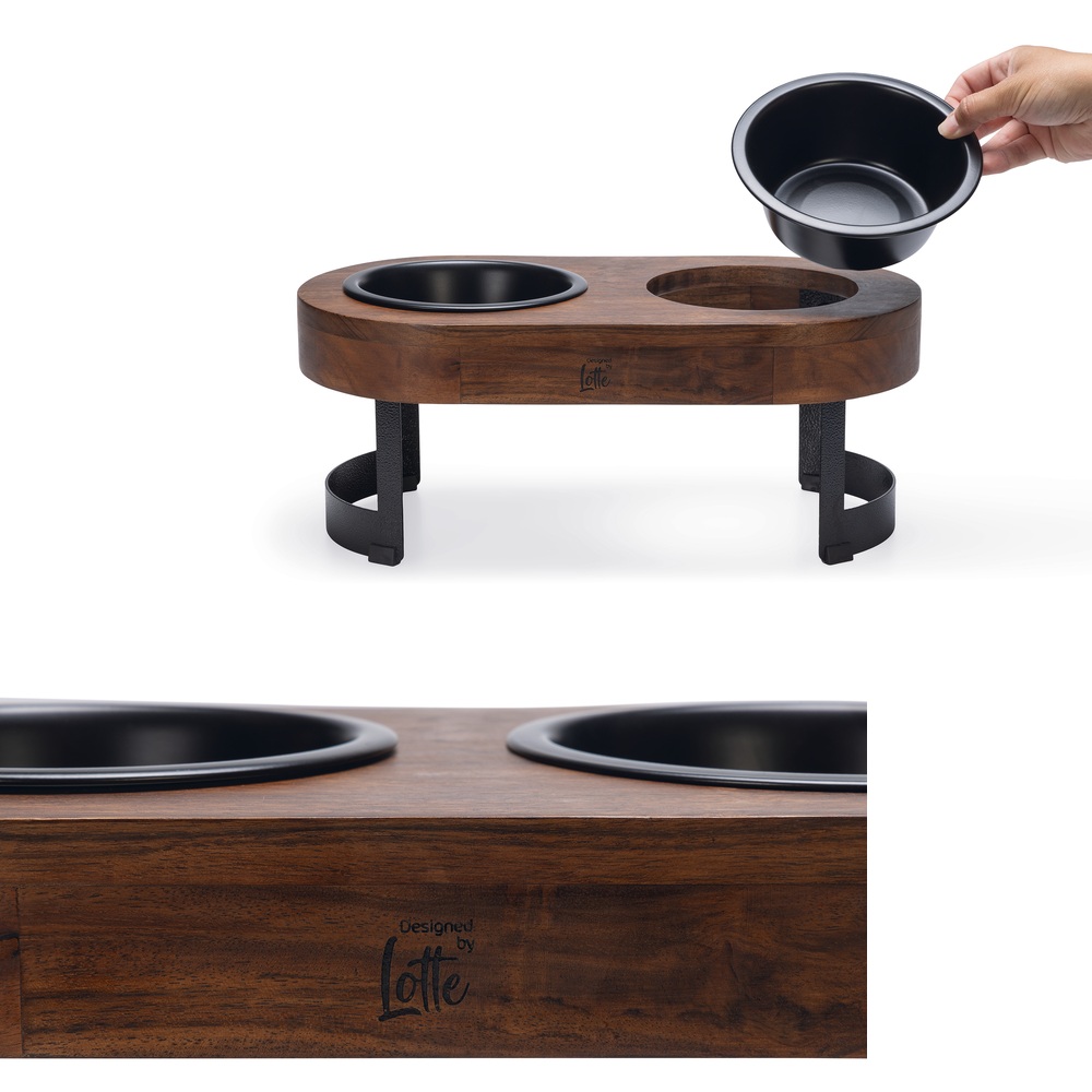 Houten dinerset Mavira zwart 42,5cm van Designed by Lotte met acaciahouten standaard en twee matzwarte RVS voerbakjes