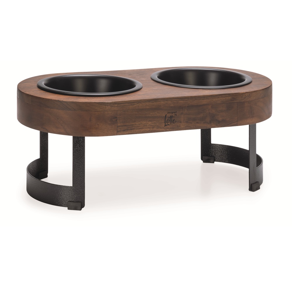 Houten dinerset Mavira zwart 42,5cm van Designed by Lotte met acaciahouten standaard en twee matzwarte RVS voerbakjes