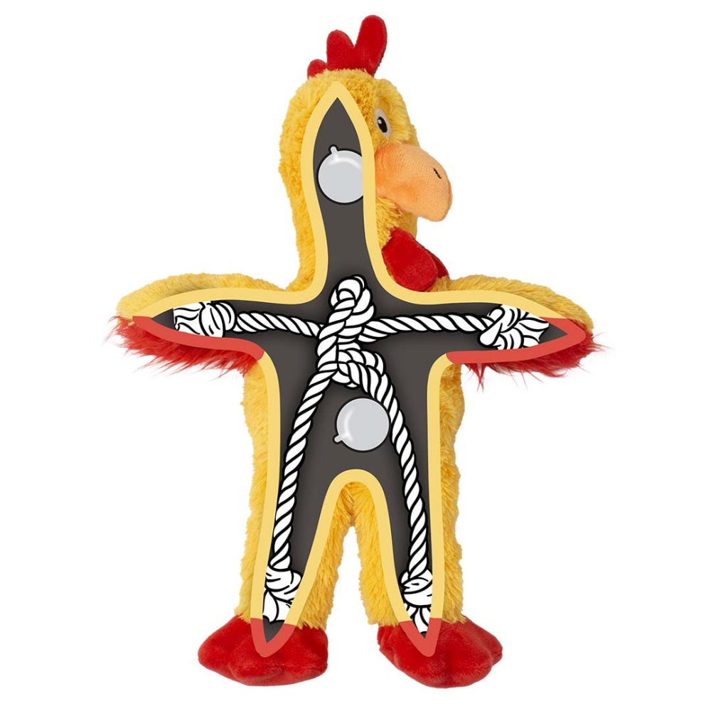Geel-rode KONG Knots Chicken met intern touwskelet en twee piepers