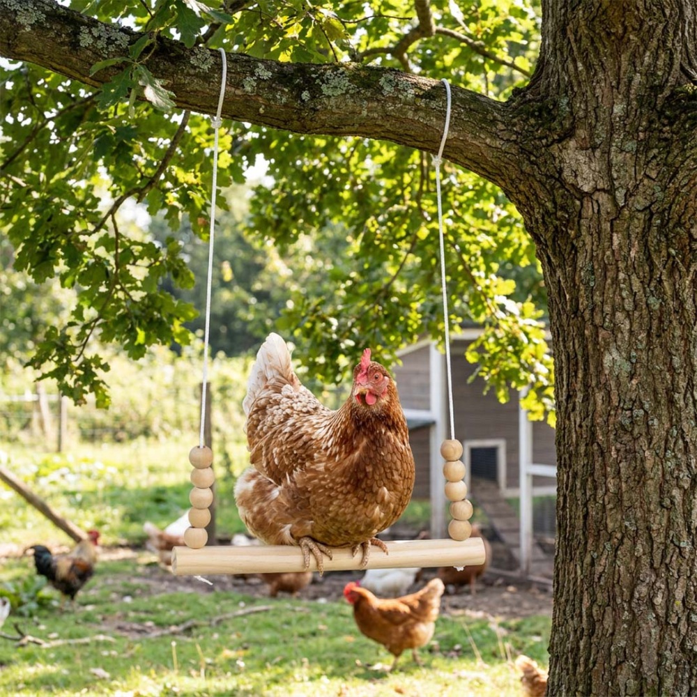 Houtkleurige houten kippenschommel van 37,5 cm met kralen en ophanghaken