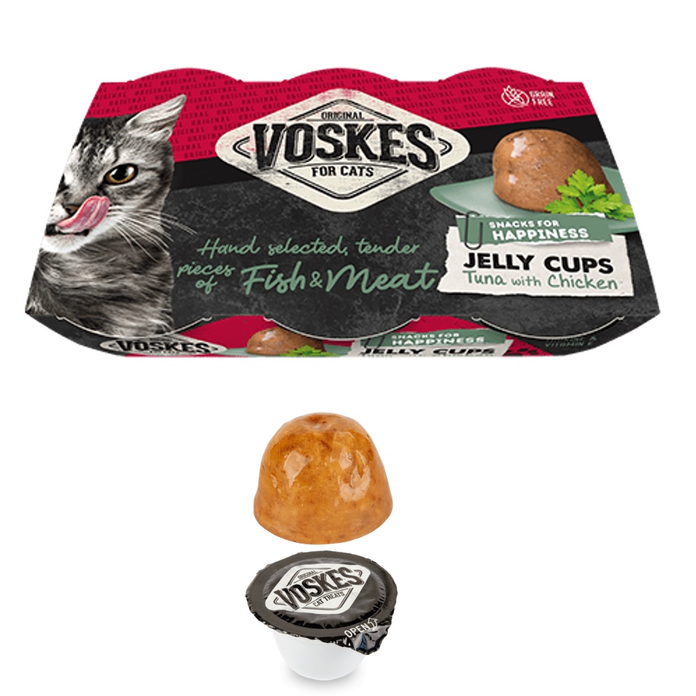 Voskes Jelly Cups Tonijn en Kip kattensnack in gelei 6 cups van 25 gram