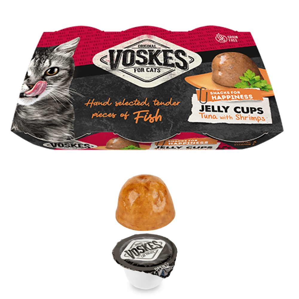 Voskes Jelly Cups Tonijn en Garnalen kattensnack in gelei 6 cups van 25 gram