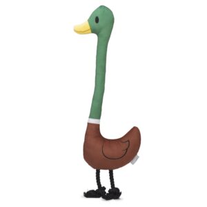 Pluche Eend Kwak groen bruin hondenspeelgoed van 75 cm met lange nek en katoenen flostouwpootjes
