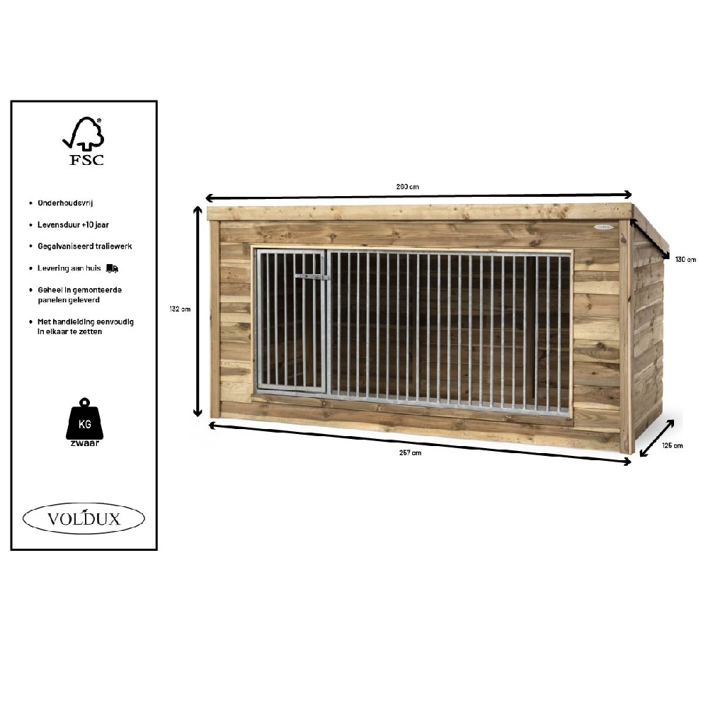 Voldux hondenkennel Luna 260x132x130 cm onderhoudsvrije buitenkennel met kennelpaneel en schuin dak