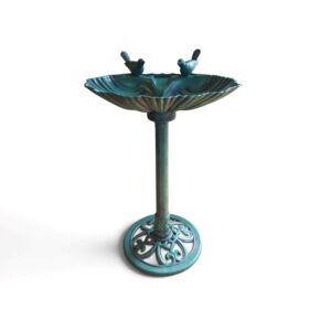 Groen kunststof vogelbad met voet 80 cm en twee decoratieve vogels