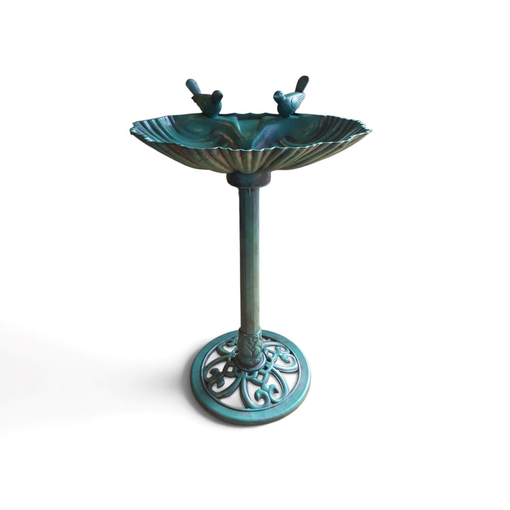 Groen kunststof vogelbad met voet 80 cm en twee decoratieve vogels