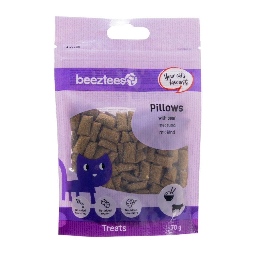 Beeztees Kattensnack Pillows Rund 70 gram met krokante buitenkant en zachte vulling